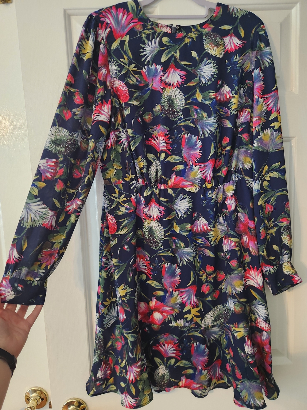J. Crew Women's High Neck Tiered Long Sleeve Floral Navy Dress Resort, Size 10